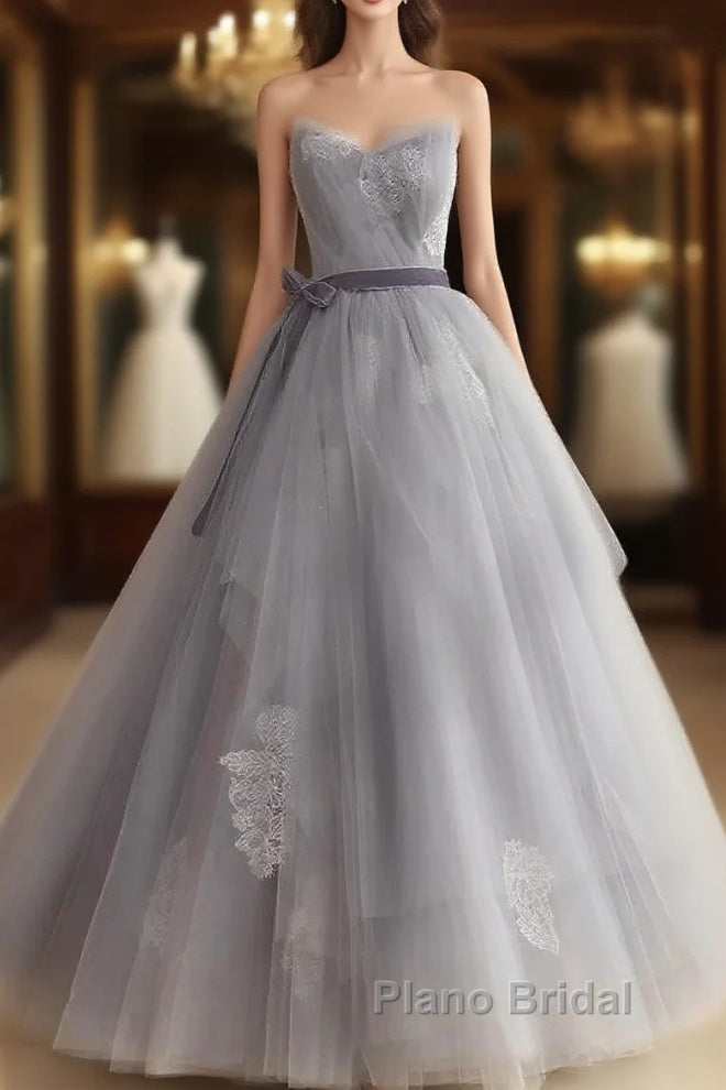 Gray Tulle Lace Long Formal Prom Dresses Sweet 16 Dresses A Line Off Shoulder December Wedding Guest Dresses Main image