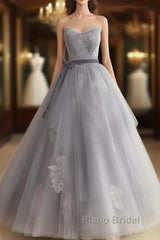 Gray Tulle Lace Long Formal Prom Dresses Sweet 16 Dresses A Line Off Shoulder December Wedding Guest Dresses