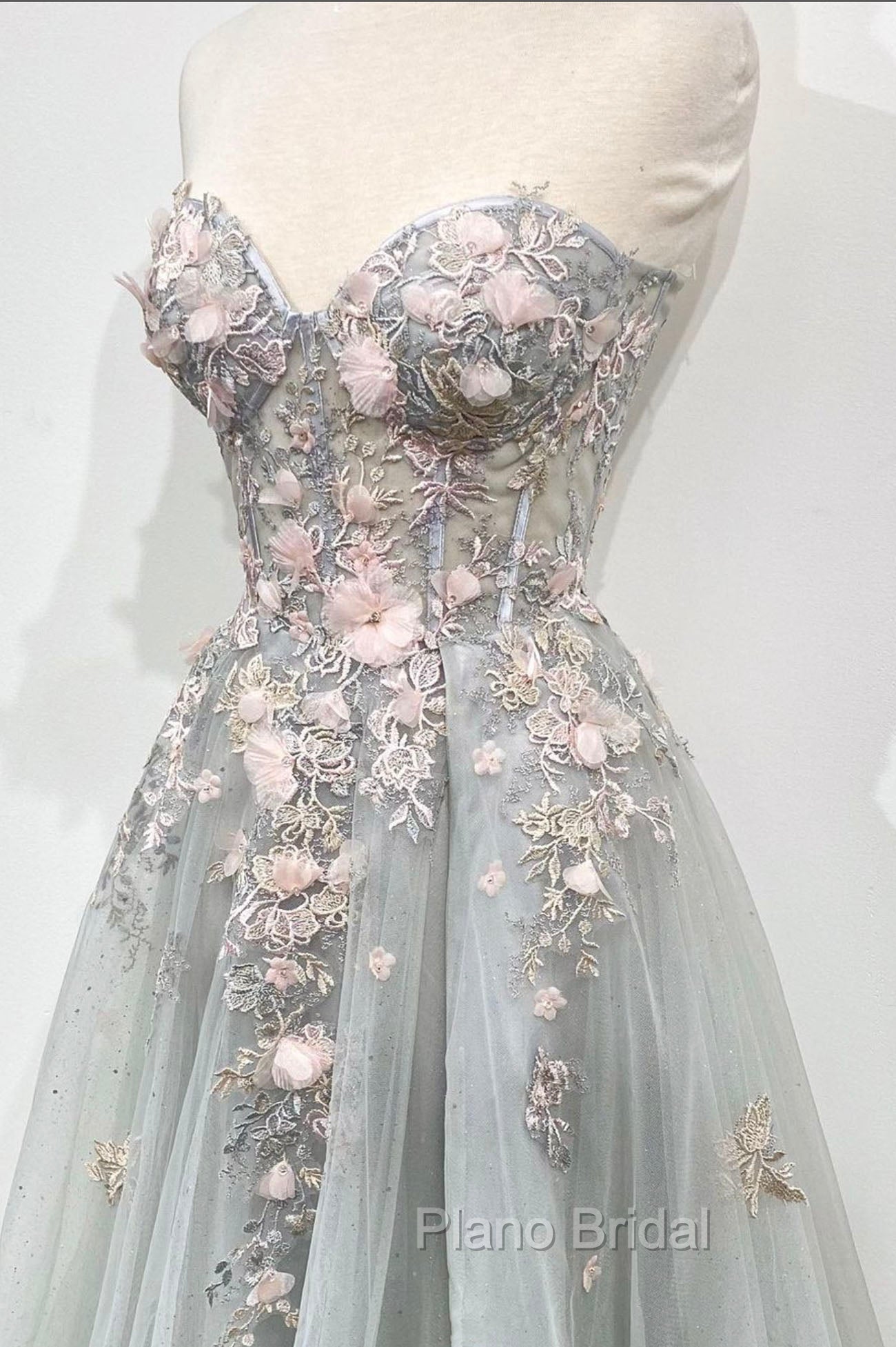 Gray Tulle Lace Long Strapless Formal Prom Dresses, A-Line Formal Evening Dresses