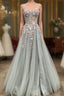 Gray Tulle Lace Long Strapless Formal Prom Dresses, A-Line Formal Evening Dresses