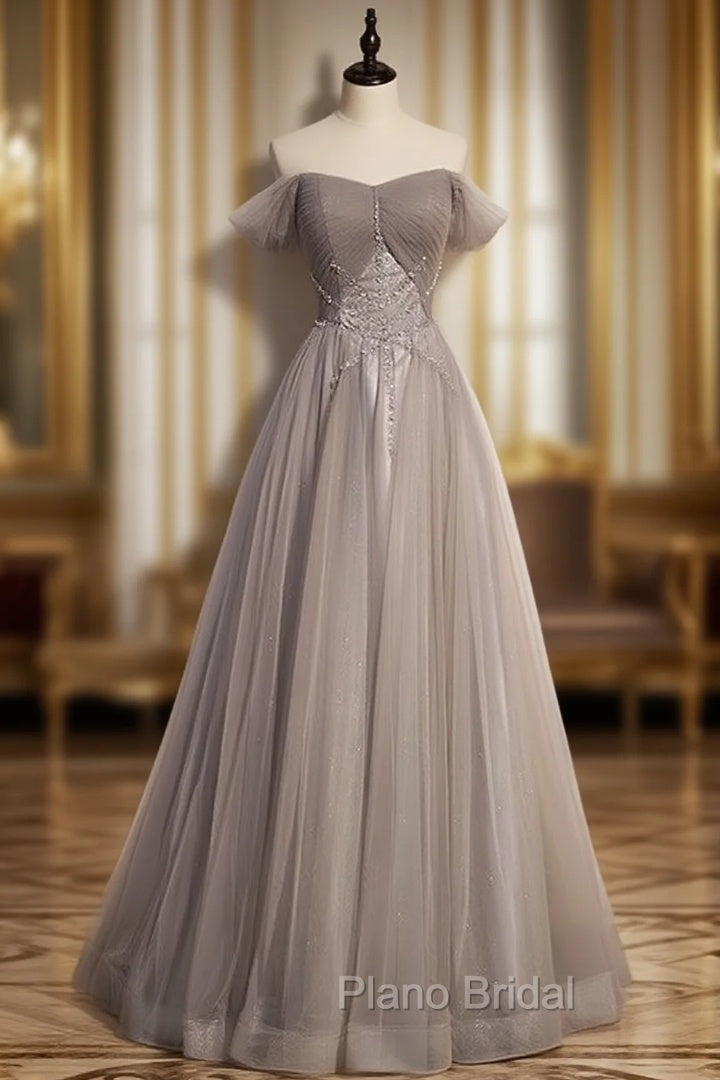 Gray Tulle Lace Pleats Beading Formal Prom Dresses Main image