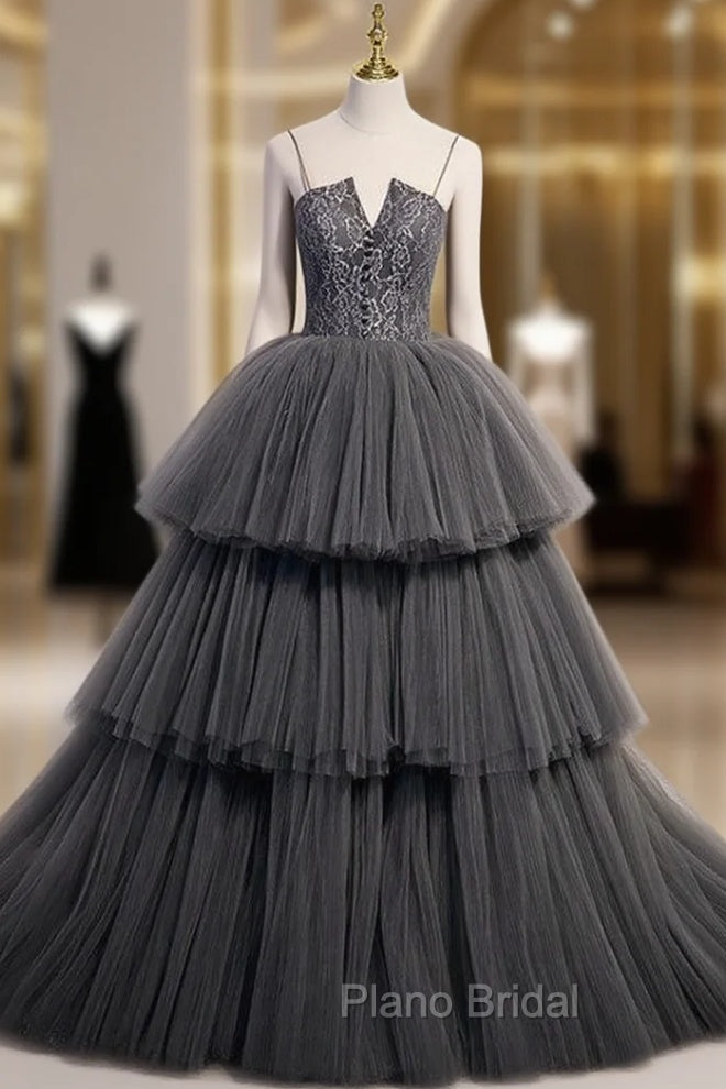 Gray Tulle Lace Spaghetti Straps Formal Prom Dresses Main image