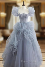 Gray Tulle Long A-Line Formal Prom Dresses, Gray Short Sleeve Evening Dresses