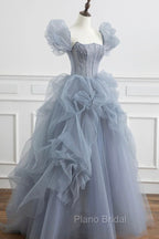 Gray Tulle Long A-Line Formal Prom Dresses, Gray Short Sleeve Evening Dresses
