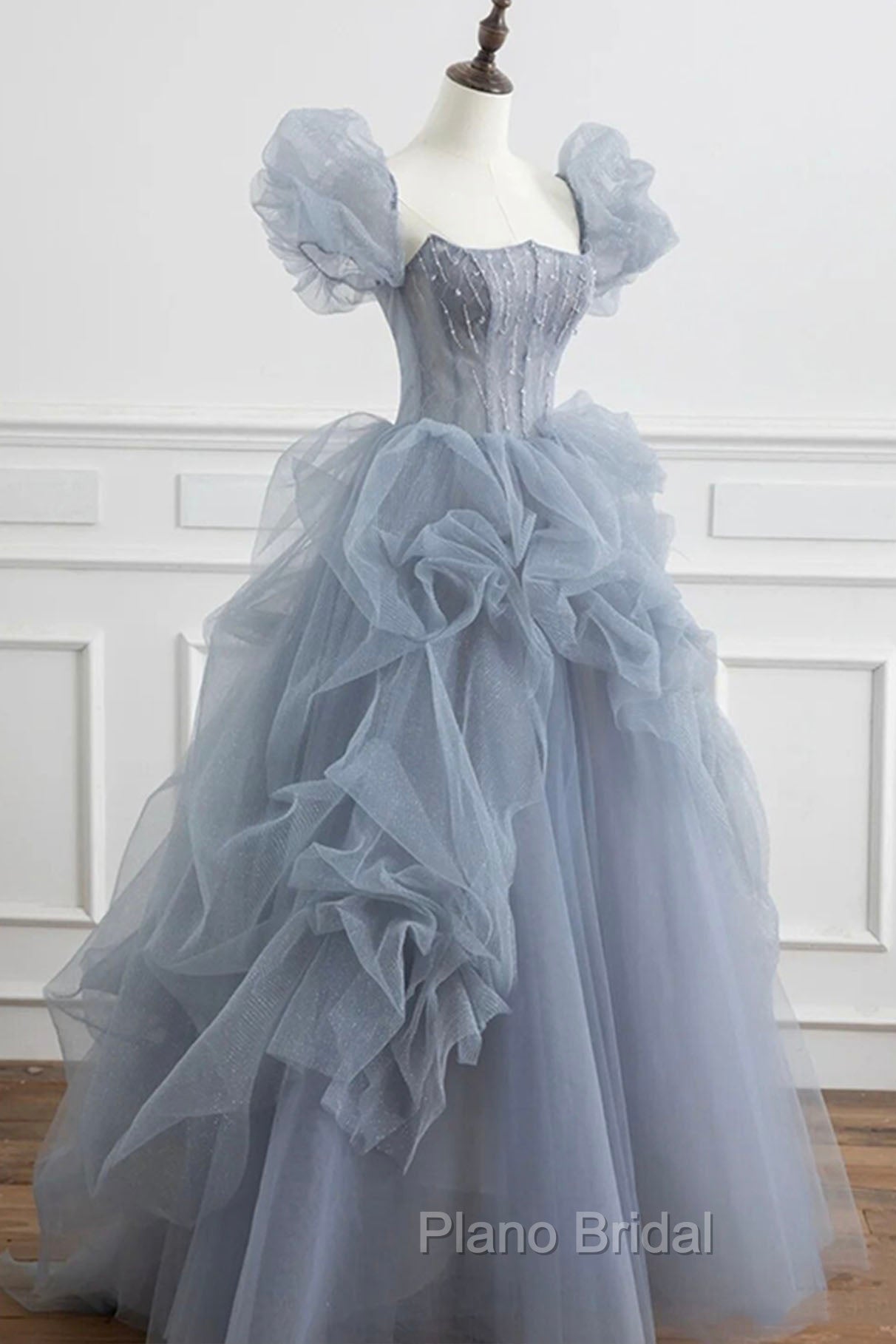 Gray Tulle Long A-Line Formal Prom Dresses, Gray Short Sleeve Evening Dresses