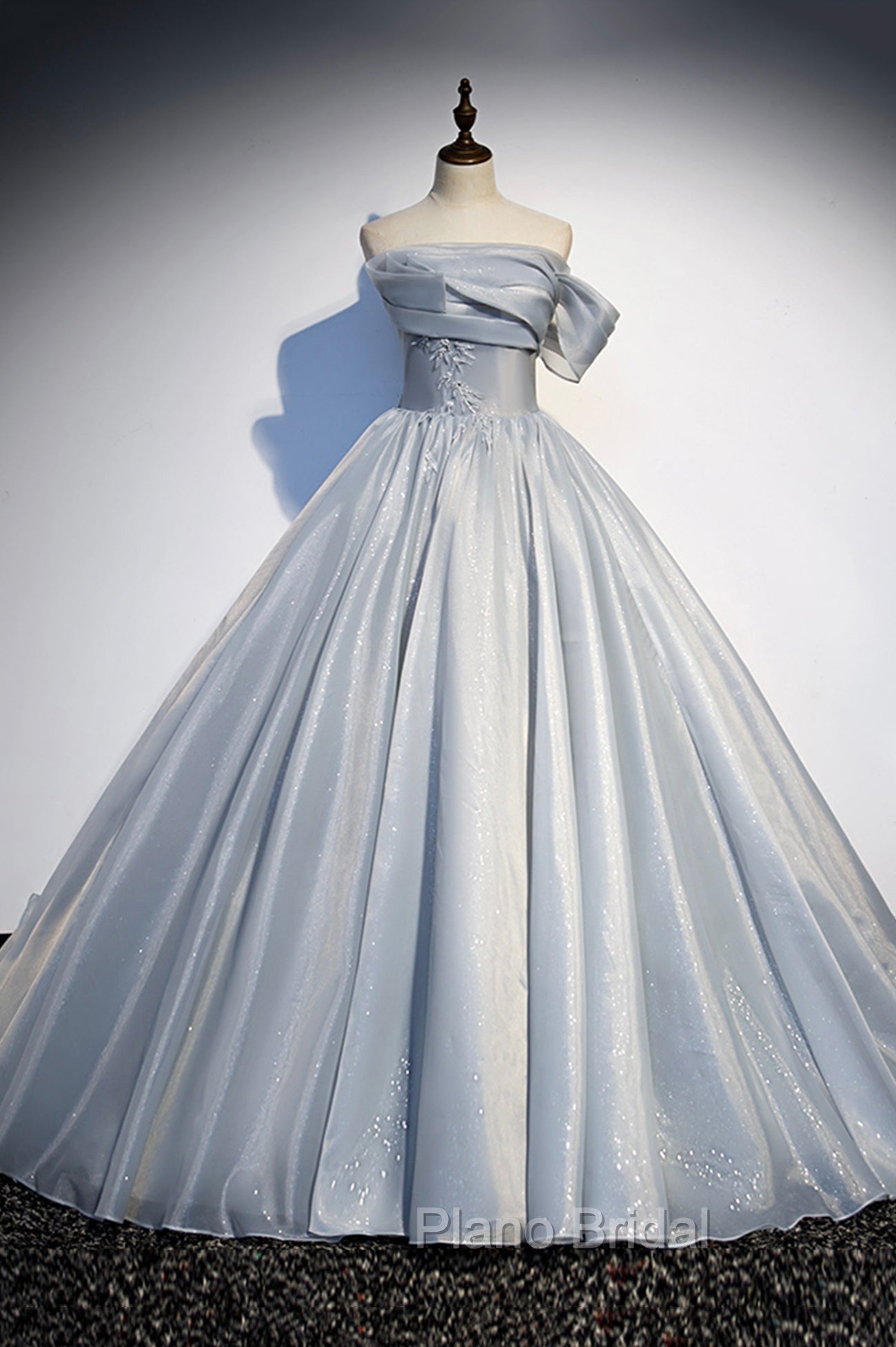 Gray Tulle Long A-Line Formal Prom Dresses, Gray Strapless Formal Evening Gown Main image
