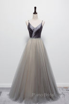 Gray Tulle Long A-Line Formal Prom Dresses, V-Neck Spaghetti Straps Evening Dresses
