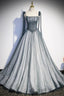 Gray Tulle Long A-Line Formal Prom Dresses with Beaded, Spaghetti Straps Gray Evening Dresses