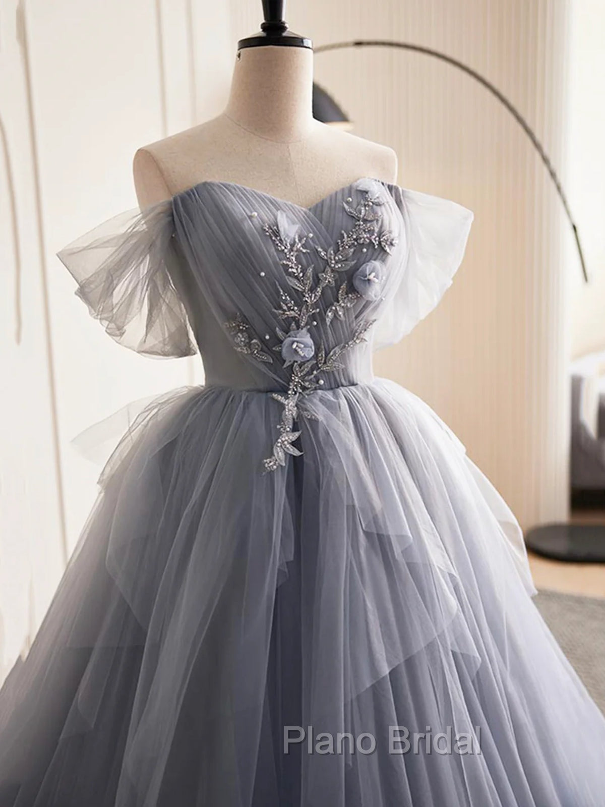Gray Tulle Long Floral Formal Prom Dresses, Gray Tulle Long Lace Formal Evening Dresses