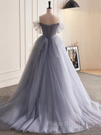 Gray Tulle Long Floral Formal Prom Dresses, Gray Tulle Long Lace Formal Evening Dresses