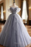 Gray Tulle Long Floral Formal Prom Dresses, Gray Tulle Long Lace Formal Evening Dresses