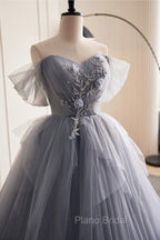 Gray Tulle Long Formal Prom Dresses, Off Shoulder Evening Dresses Party Dresses