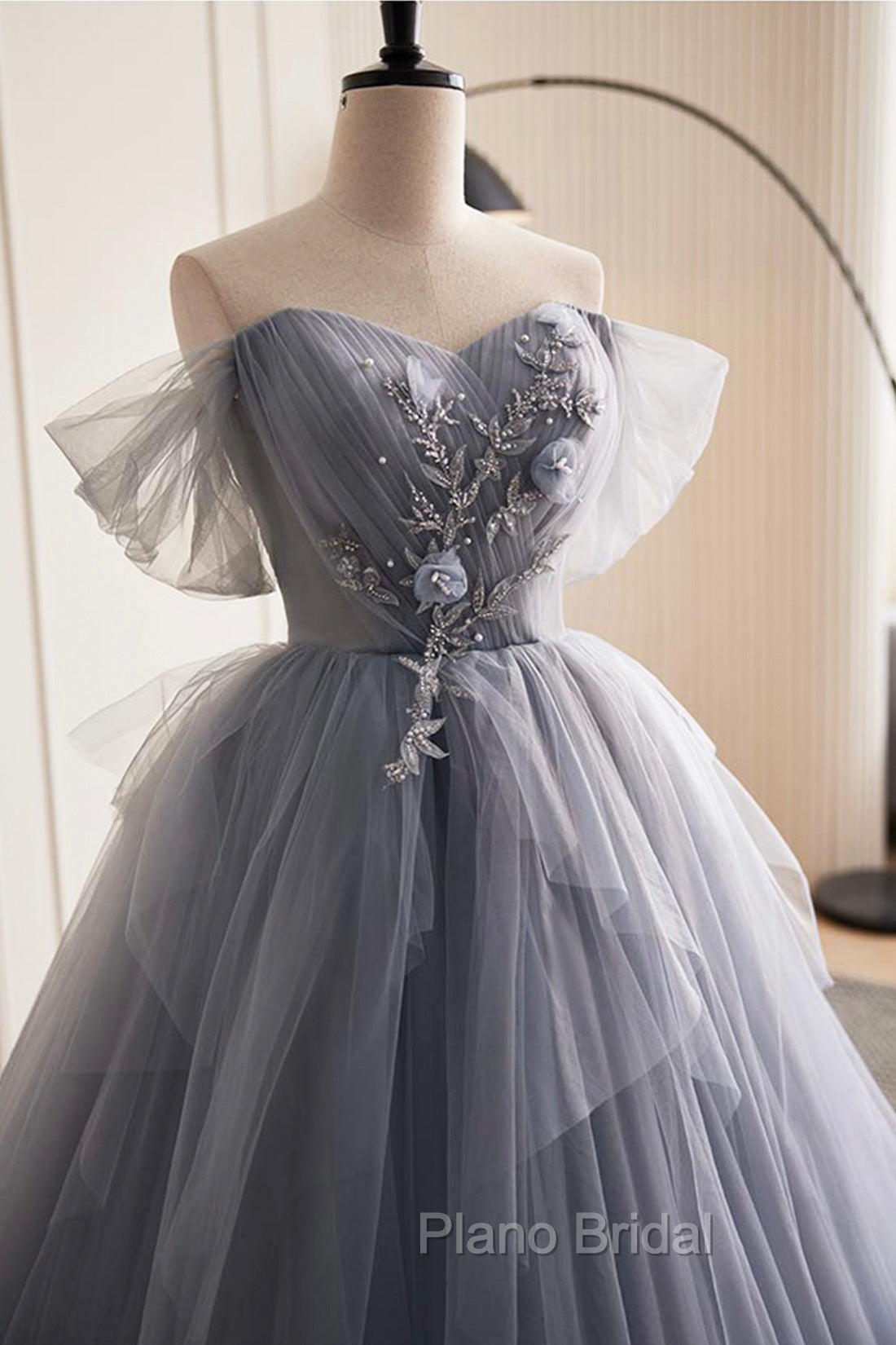Gray Tulle Long Formal Prom Dresses, Off Shoulder Evening Dresses Party Dresses
