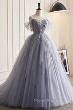 Gray Tulle Long Formal Prom Dresses, Off Shoulder Evening Dresses Party Dresses