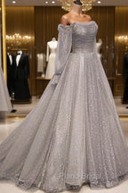 Gray Tulle Long Sleeve A-Line Formal Prom Dresses, Spaghetti Straps Formal Evening Dresses