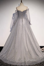 Gray Tulle Long Sleeve A-Line Formal Prom Dresses, Spaghetti Straps Formal Evening Dresses