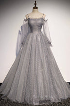 Gray Tulle Long Sleeve A-Line Formal Prom Dresses, Spaghetti Straps Formal Evening Dresses