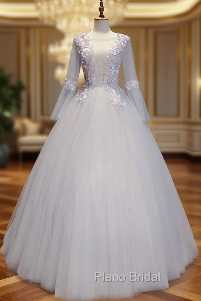 Gray Tulle Long Sleeve Backless Quinceanera Dresses