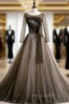 Gray Tulle Long Sleeve Pleats Beading Formal Prom Dresses