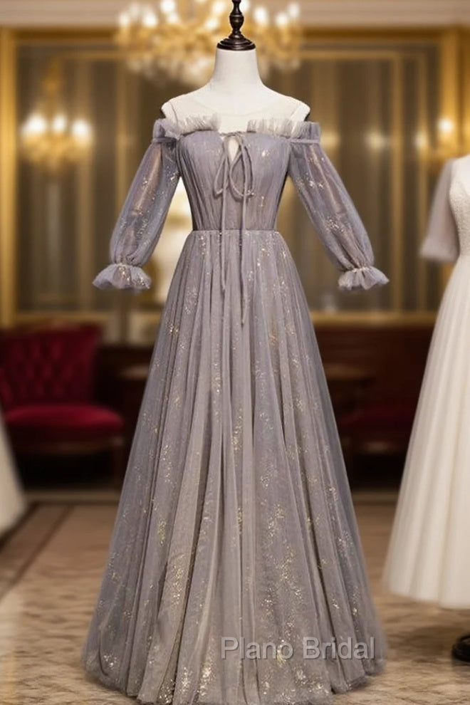 Gray Tulle Long Sleeve Pleats Cold Shoulder Formal Prom Dresses