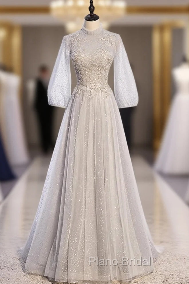Gray Tulle Long Sleeve Sequins Beading Formal Prom Dresses Main image