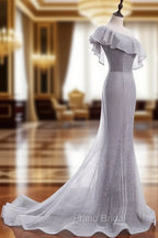 Gray Tulle Mermaid Long Formal Prom Dresses Gray Tulle Formal Dresses