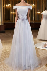 Gray tulle off shoulder lace long Formal Prom dress gray tulle formal dress