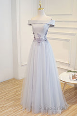 Gray tulle off shoulder lace long Formal Prom dress gray tulle formal dress