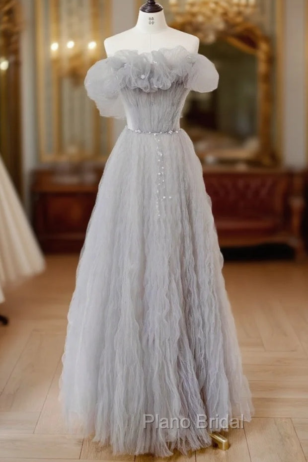 Gray Tulle Off Shoulder Long Formal Prom Dresses, Gray Evening Dresses Main image