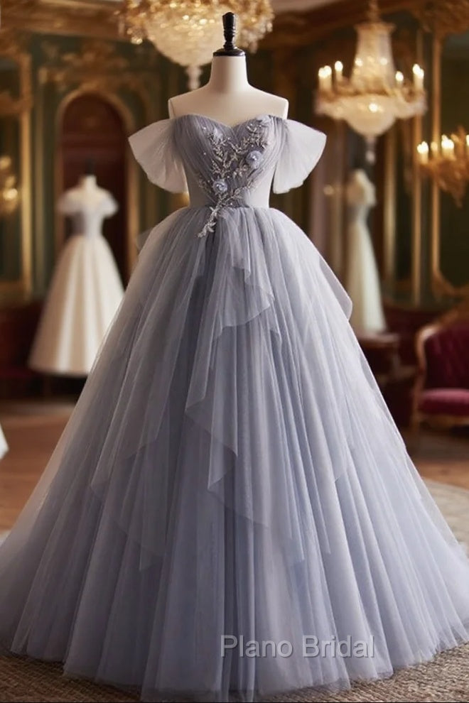 Gray Tulle Off the Shoulder Beading Off the Shoulder Formal Prom Dresses Main image