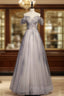 Gray Tulle Off the Shoulder Beading Formal Prom Dresses