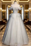 Gray Tulle Off the Shoulder Beading Sequins Formal Prom Dresses