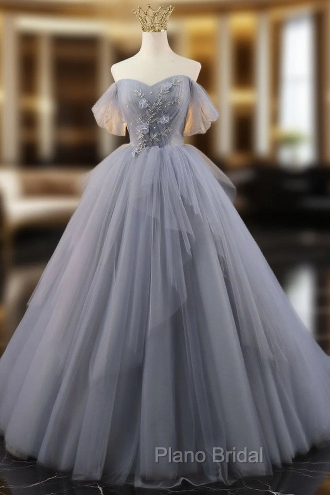 Gray Tulle Off the Shoulder Pleats Beading Formal Prom Dresses Main image