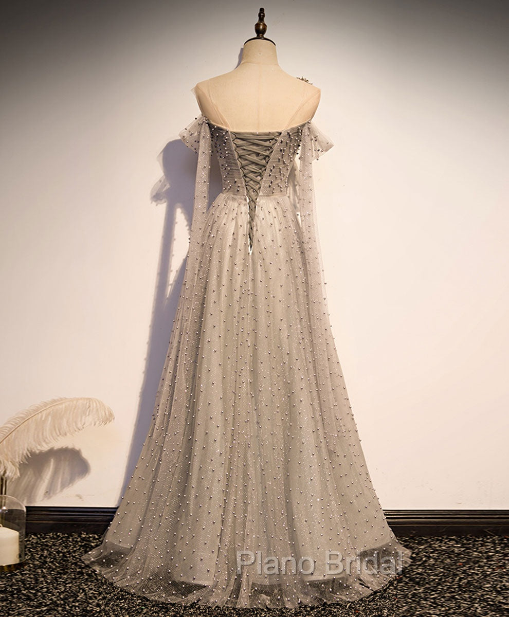 Gray Tulle One Shoulder Long Formal Prom Dresses, Gray Formal Graduation Dresses with Beading