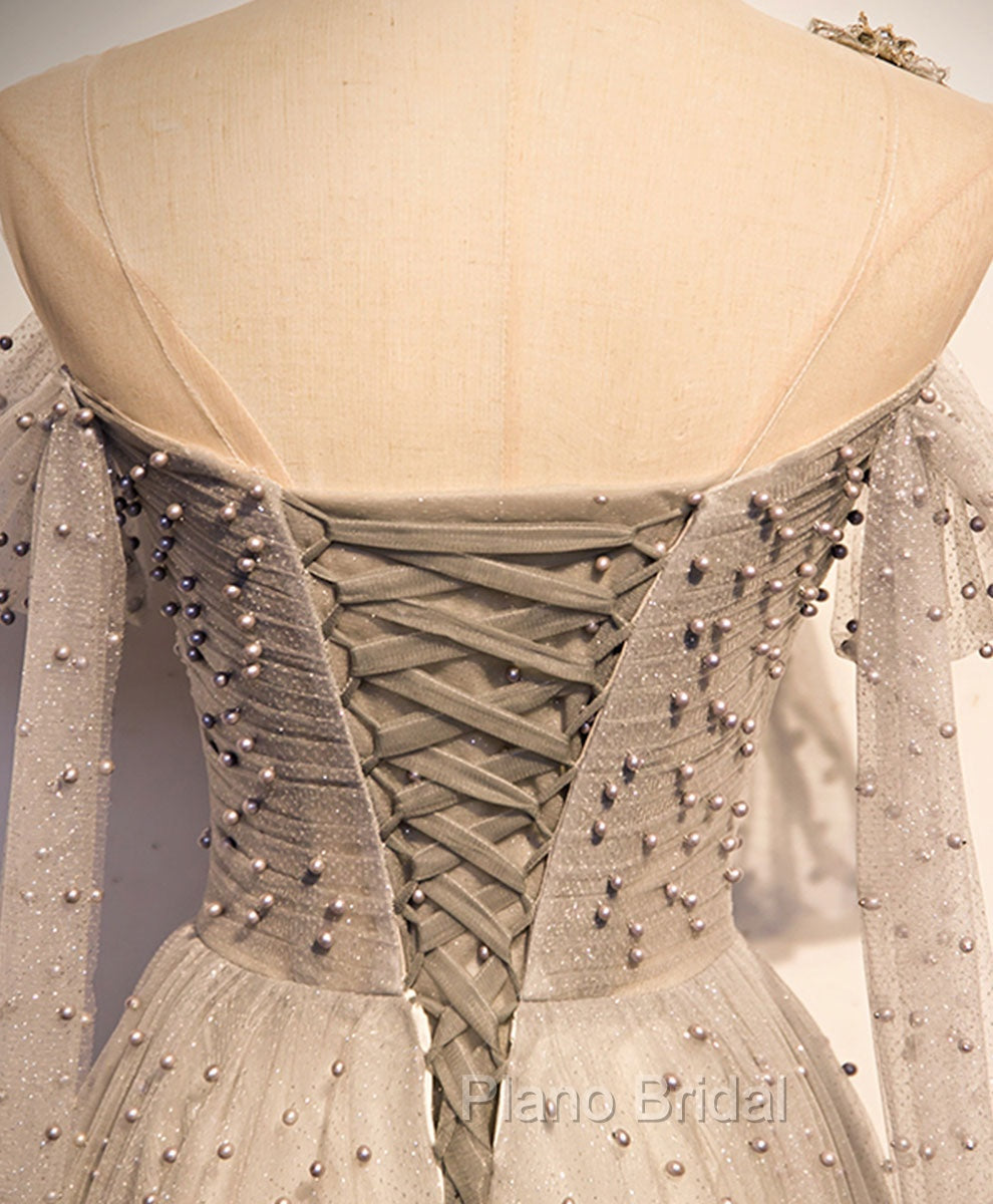 Gray Tulle One Shoulder Long Formal Prom Dresses, Gray Formal Graduation Dresses with Beading