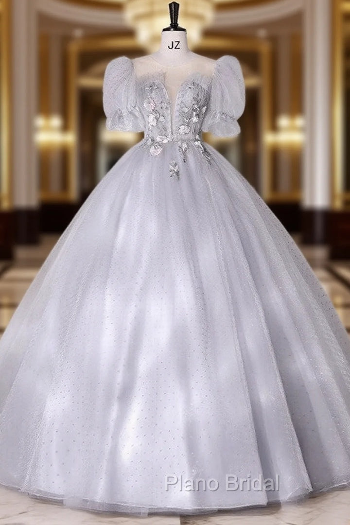 Gray Tulle Puff Sleeve Appliques Quinceanera Dresses