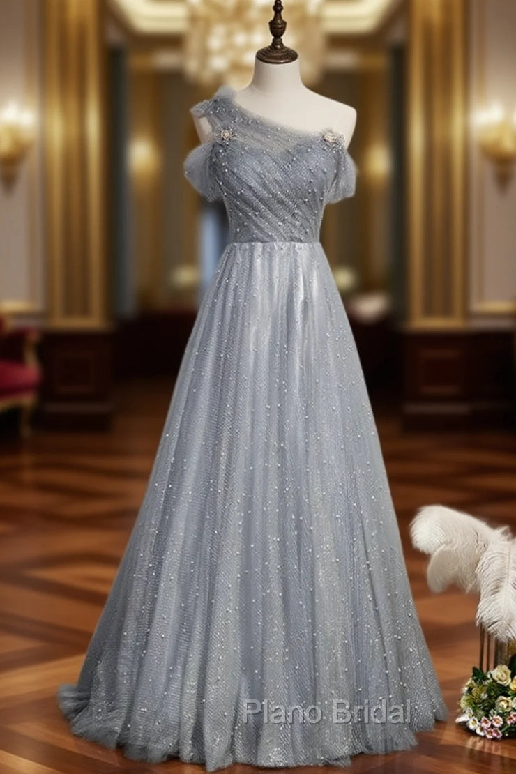 Gray Tulle Scoop Pearls Pleats Formal Prom Dresses Main image