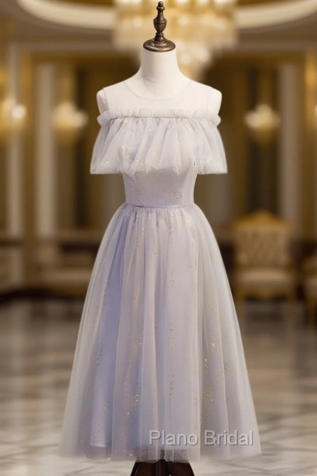 Gray Tulle Scoop Sequins Tea Length Formal Prom Dresses Main image