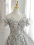 Gray Tulle Sequin Lace Off Shoulder Long Formal Prom Dresses, Gray Evening Dresses