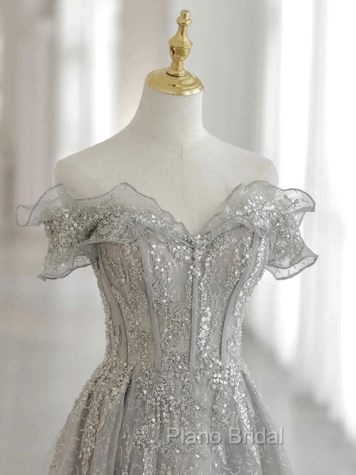 Gray Tulle Sequin Lace Off Shoulder Long Formal Prom Dresses, Gray Evening Dresses