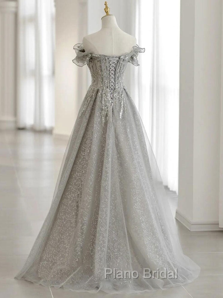 Gray Tulle Sequin Lace Off Shoulder Long Formal Prom Dresses, Gray Evening Dresses Secondary image