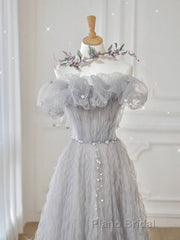 Gray tulle sequin long Formal Prom dress, gray tulle formal dress