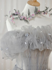Gray tulle sequin long Formal Prom dress, gray tulle formal dress