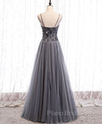 Gray Tulle Sequin Long Formal Prom Dresses, Gray Tulle Formal Dresses with Beading Sequin