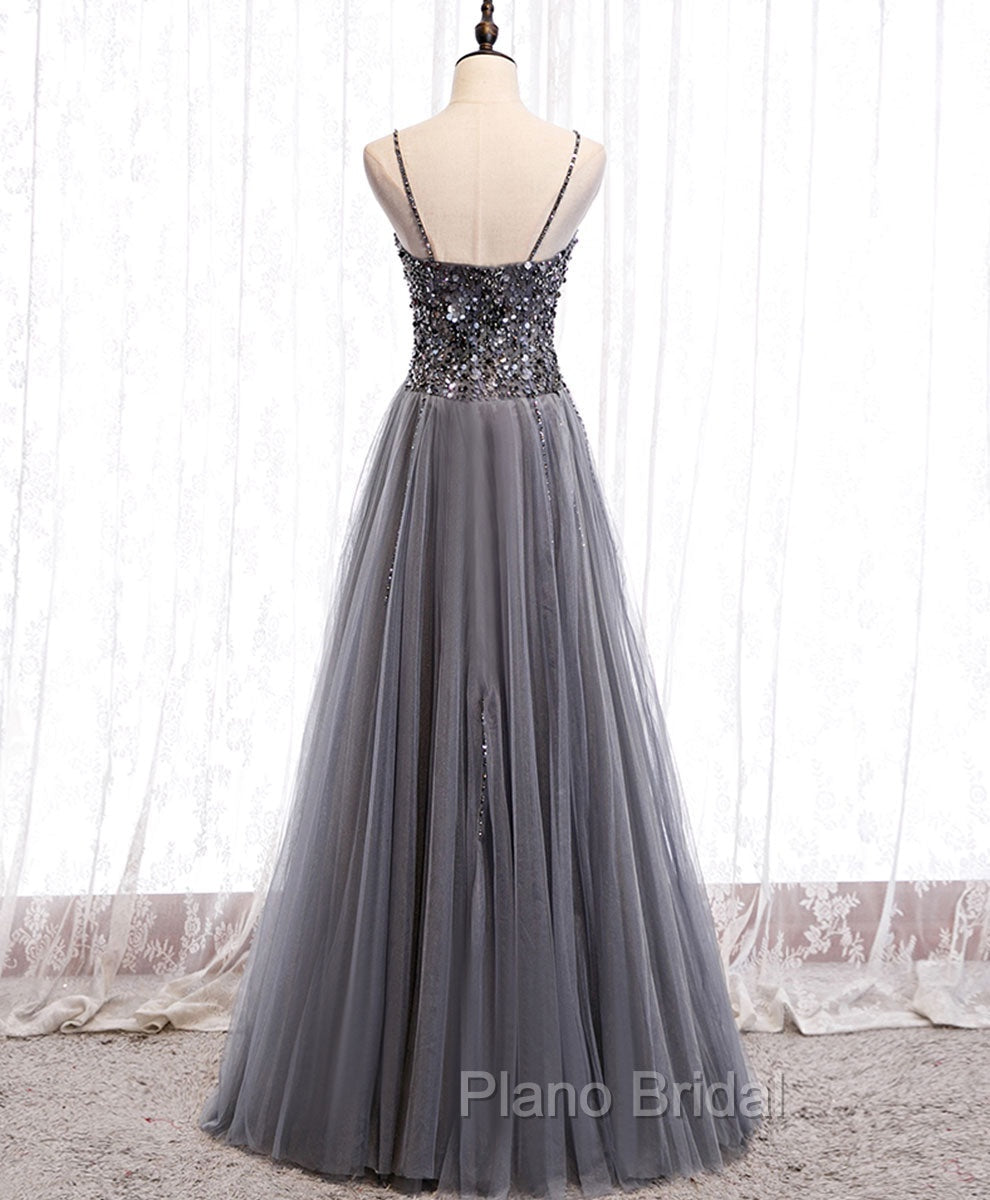 Gray Tulle Sequin Long Formal Prom Dresses, Gray Tulle Formal Dresses with Beading Sequin