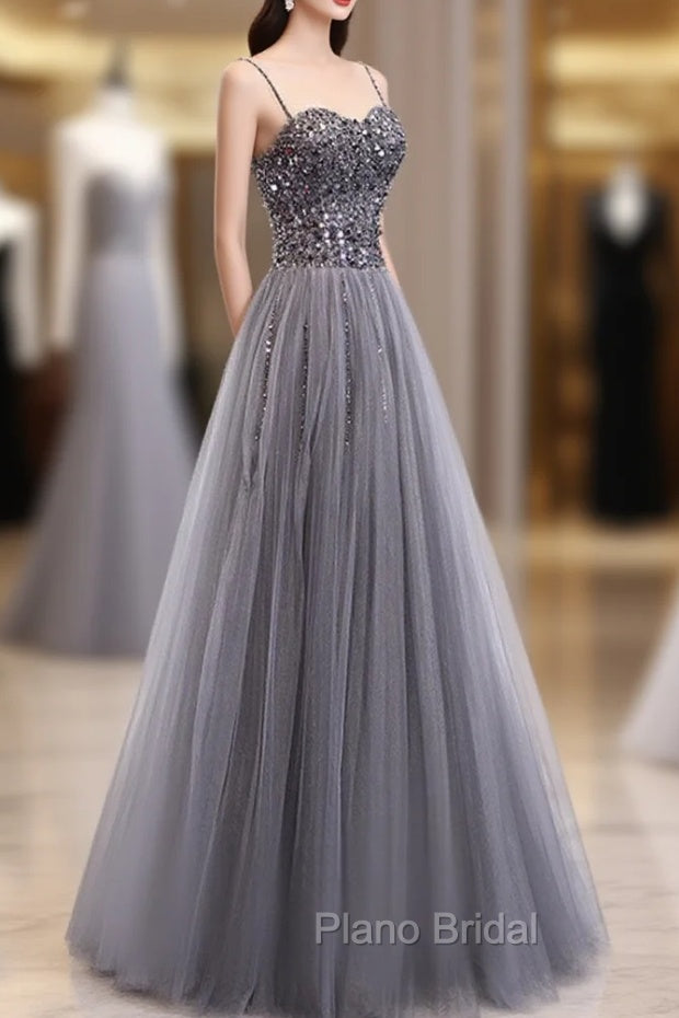 Gray Tulle Sequin Long Formal Prom Dresses, Gray Tulle Formal Dresses with Beading Sequin