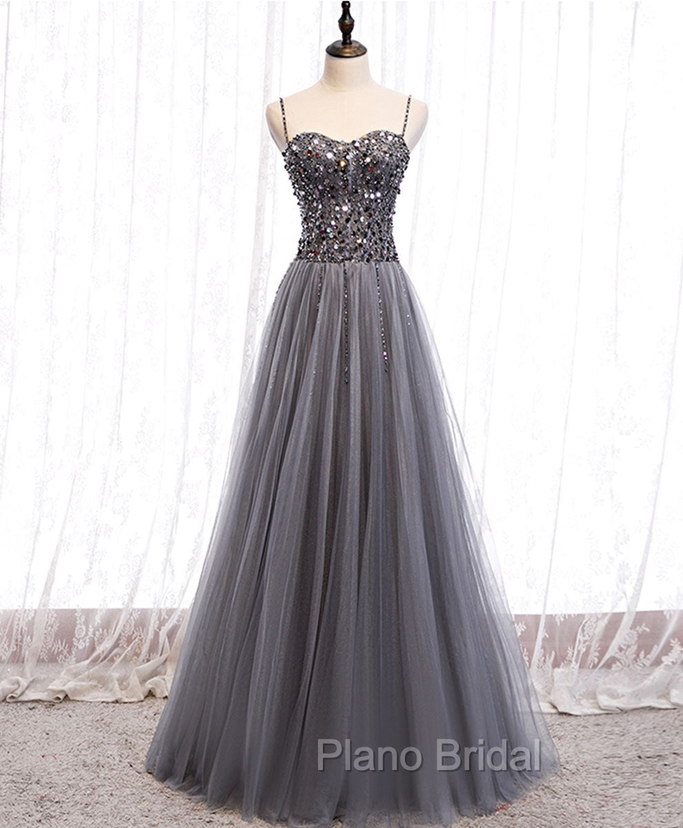Gray Tulle Sequin Long Formal Prom Dresses, Gray Tulle Formal Dresses with Beading Sequin Main image