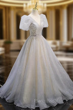 Gray Tulle Sequin Long Formal Prom Dresses, Gray Tulle Formal Graduation Dresses