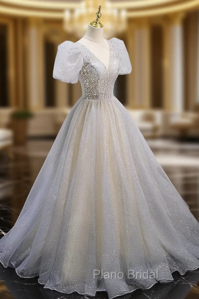 Gray Tulle Sequin Long Formal Prom Dresses, Gray Tulle Formal Graduation Dresses