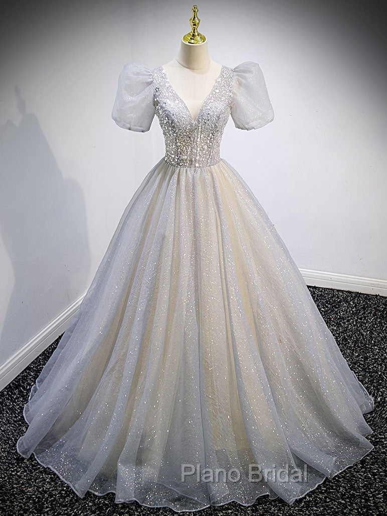 Gray Tulle Sequin Long Formal Prom Dresses, Gray Tulle Formal Graduation Dresses Secondary image